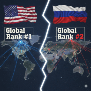 Global Firepower Ranking showing US as Global Rank #1 and Russia as Global Rank #2, indicating overall military strength comparison.