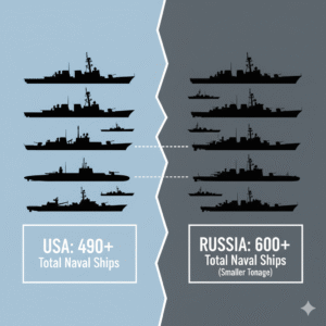 Total Naval Vessels: Russia has over 600 ships (smaller tonnage), compared to the US Navy's 490+ ships (larger tonnage and capacity).