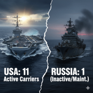 US Navy's massive fleet of 11 Active Aircraft Carriers compared against Russia's sole (and often inactive) Aircraft Carrier.