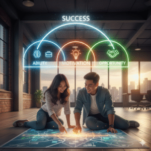 A beautiful young couple smiling and pointing at a tablet on a mountain deck at sunset, with a flowing, glowing DNA spiral representing the essential elements of the Ability, Motivation, and Opportunity (AMO) Theory.