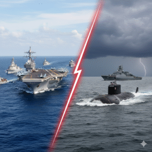 US Navy supercarrier and escort ships next to a Russian Kilo-class submarine, illustrating power projection versus regional defense focus.Clearly contrasts the naval doctrines: US carrier groups for global power and Russia's emphasis on submarine fleets.