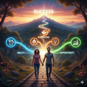 A beautiful young couple smiling and pointing at a tablet on a mountain deck at sunset, with a flowing, glowing  the Ability, Motivation, and Opportunity (AMO) Theory.