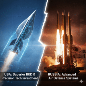 Comparison of US investment in R&D and Precision Guided Missiles vs. Russia's strength in Advanced Air Defense Systems (S-400/S-500)