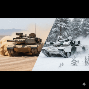 American M1 Abrams tank contrasted with a Russian T-90M tank in action, comparing ground force technological superiority and mass production.Clearly identifies the military hardware and the strategic difference it represents.