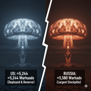 Comparison of nuclear warhead stockpiles: Russia holds the largest with ~5,580 warheads, slightly ahead of the US with ~5,244 warheads.