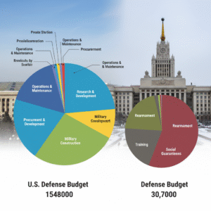 Pie charts comparing the significantly larger US defense budget to the strategic Russian military expenditure.Describes the data visualization and highlights the key difference in spending scale.