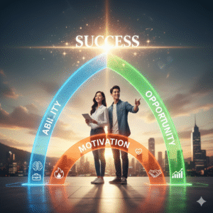 A beautiful young couple smiling and pointing at a tablet on a mountain deck at sunset, with a flowing, glowing DNA spiral representing the essential elements of the Ability, Motivation, and Opportunity (AMO) Theory.