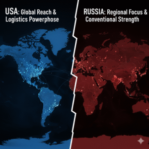 Comparison of US military bases globally (Global Reach) vs. Russia's focus on regional military strength and conventional power projection.