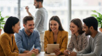 A multicultural team of young professionals chatting and working together, with some focusing on tablets and others brainstorming at a table. The bright, contemporary environment encourages collaboration and creative career paths..