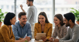 A multicultural team of young professionals chatting and working together, with some focusing on tablets and others brainstorming at a table. The bright, contemporary environment encourages collaboration and creative career paths..