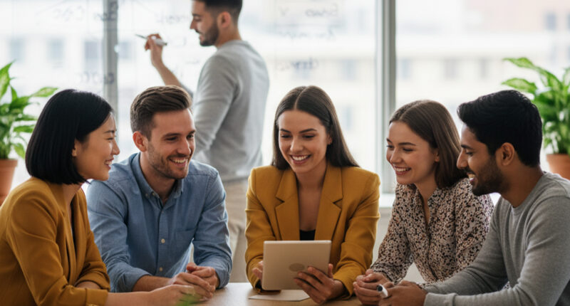 A multicultural team of young professionals chatting and working together, with some focusing on tablets and others brainstorming at a table. The bright, contemporary environment encourages collaboration and creative career paths..