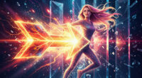 An abstract digital artwork that represents motivation propelling achievement and conquering challenges, showing a bright, vivacious arrow piercing crystalline barriers.