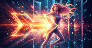 An abstract digital artwork that represents motivation propelling achievement and conquering challenges, showing a bright, vivacious arrow piercing crystalline barriers.