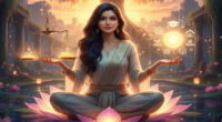 The opposite side holds glowing flowers and a spiritual symbol, representing inner peace, positive energy, and spiritual enlightenment.