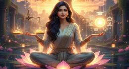 The opposite side holds glowing flowers and a spiritual symbol, representing inner peace, positive energy, and spiritual enlightenment.
