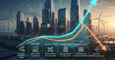 Aerial view of a modern Innovation Hub with high-tech buildings displaying digital growth charts, alongside wind farms and solar panels, symbolizing strategic business management across industry stages.