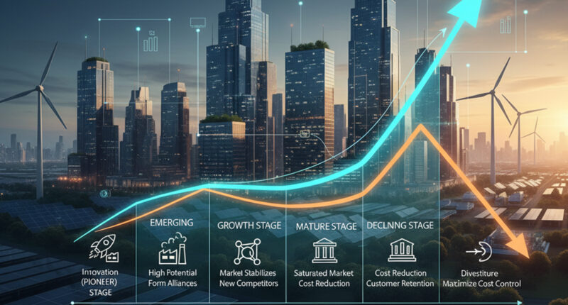 Aerial view of a modern Innovation Hub with high-tech buildings displaying digital growth charts, alongside wind farms and solar panels, symbolizing strategic business management across industry stages.
