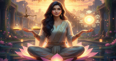 The opposite side holds glowing flowers and a spiritual symbol, representing inner peace, positive energy, and spiritual enlightenment.