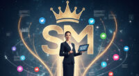 A professional businessperson standing on a glowing pedestal above a crowd, surrounded by social media icons (Twitter, LinkedIn, Facebook, Instagram) and wearing a gold crown, symbolizing self-marketing creating an unstoppable brand.