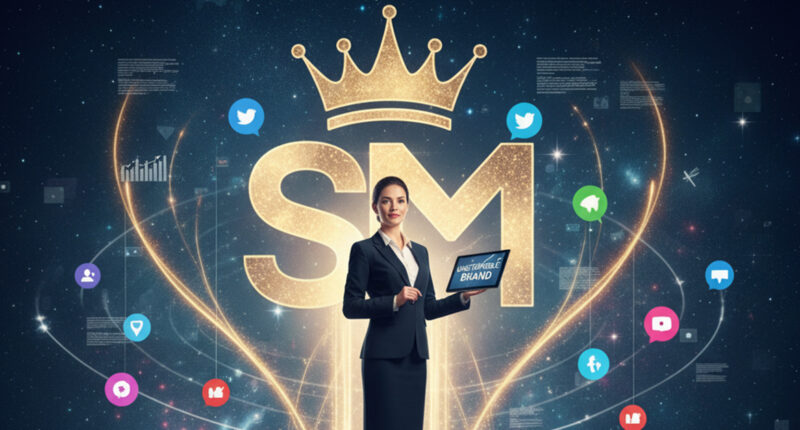 A professional businessperson standing on a glowing pedestal above a crowd, surrounded by social media icons (Twitter, LinkedIn, Facebook, Instagram) and wearing a gold crown, symbolizing self-marketing creating an unstoppable brand.