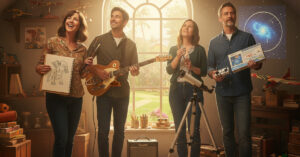 A vibrant, slightly dusty attic scene. Four adults stand, beaming with joy, surrounded by childhood toys like LEGOs, toy planes, and board games. Each adult is engaging with a rediscovered passion: one holds up a doodle/drawing, another plays a guitar, a third looks through a telescope, and the fourth holds an amateur radio device and a star chart. The text "RECALL YOUR CHILDHOOD PASSIONS" is carved into a wooden beam above them. Sunlight streams through a large round window overlooking a green yard, illuminating the joyous clutter.