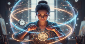 vibrant, abstract image illustrating the 'flow state.' A figure (e.g., a person coding, painting, or running) is partially visible and surrounded by glowing, fluid trails of light or energy that seamlessly connect the person's hands/mind to their work/task. The background is a soft, blurred vortex of color (e.g., deep blues and purples merging with bright yellows and oranges), giving a sense of complete absorption, intense focus, and the blurring of self and task.