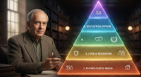 A realistic, high-resolution image showing the psychologist Abraham Maslow standing next to a large, clear, illuminated five-tiered pyramid representing his Hierarchy of Needs. The pyramid levels are clearly labeled: Physiological (bottom), Safety, Love/Belonging, Esteem, and Self-Actualization (top), with icons illustrating each need. Maslow is looking toward the peak of the pyramid, emphasizing the goal of self-actualization.