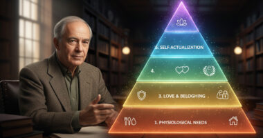 A realistic, high-resolution image showing the psychologist Abraham Maslow standing next to a large, clear, illuminated five-tiered pyramid representing his Hierarchy of Needs. The pyramid levels are clearly labeled: Physiological (bottom), Safety, Love/Belonging, Esteem, and Self-Actualization (top), with icons illustrating each need. Maslow is looking toward the peak of the pyramid, emphasizing the goal of self-actualization.
