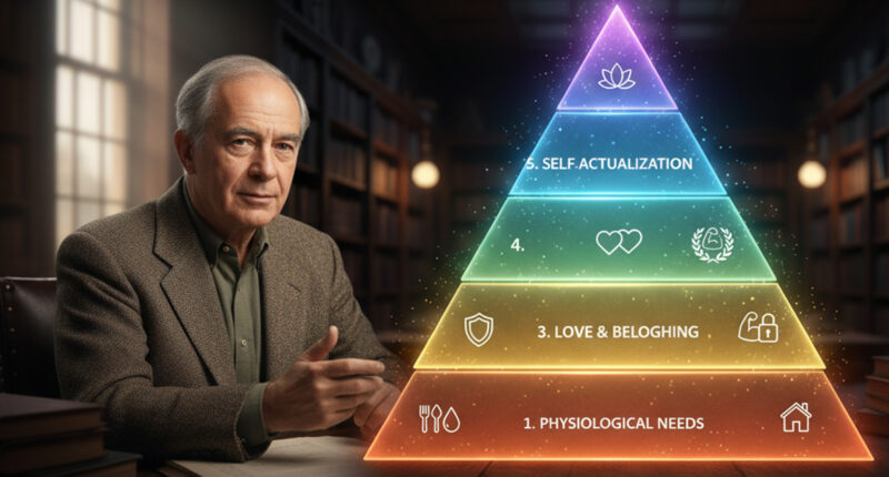 A realistic, high-resolution image showing the psychologist Abraham Maslow standing next to a large, clear, illuminated five-tiered pyramid representing his Hierarchy of Needs. The pyramid levels are clearly labeled: Physiological (bottom), Safety, Love/Belonging, Esteem, and Self-Actualization (top), with icons illustrating each need. Maslow is looking toward the peak of the pyramid, emphasizing the goal of self-actualization.