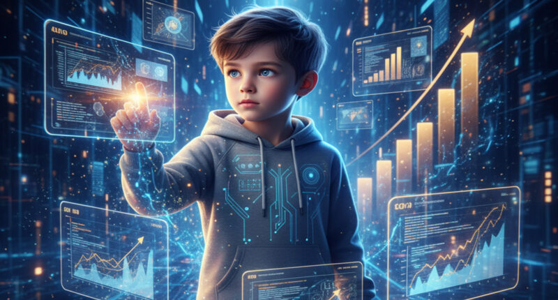 An abstract digital artwork that symbolizes the Knowledge Economy, with a central glowing brain or nexus linked to an extensive network of data streams and information. The creation of success and wealth from knowledge is symbolized by the convergence of digital circuits and lines of light toward stylized, ascending geometric pillars.