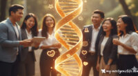 A diverse group of smiling young professionals standing outdoors, looking toward a glowing, stylized DNA helix made of golden light. The helix is intertwined with symbols of success (stars, upward arrows) and happiness (hearts, smiles, peace signs), representing the inherent connection between happiness and achievement.