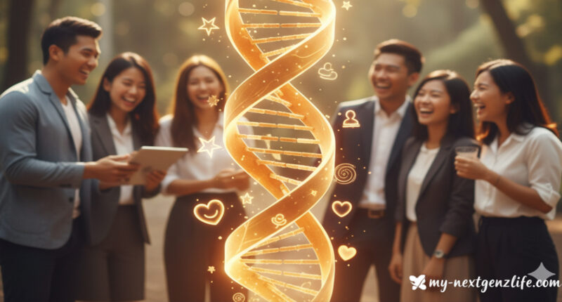 A diverse group of smiling young professionals standing outdoors, looking toward a glowing, stylized DNA helix made of golden light. The helix is intertwined with symbols of success (stars, upward arrows) and happiness (hearts, smiles, peace signs), representing the inherent connection between happiness and achievement.