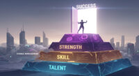 Talent Skill Strength Success path with a person climbing towards a bright future.