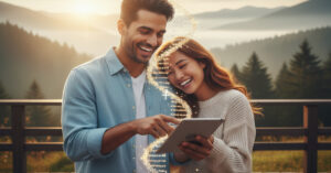 A diverse group of smiling young professionals standing outdoors, looking toward a glowing, stylized DNA helix made of golden light. The helix is intertwined with symbols of success (stars, upward arrows) and happiness (hearts, smiles, peace signs), representing the inherent connection between happiness and achievement.