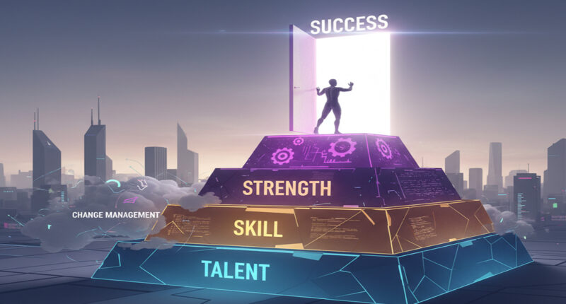 Talent Skill Strength Success path with a person climbing towards a bright future.