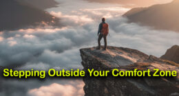 A person stands on the edge of a mountain cliff overlooking a vast, beautiful landscape at sunrise, symbolizing courage and stepping beyond one's comfort zone.