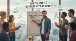 A conceptual image showing a person starting a successful business journey with zero capital, focusing on skills and service-based models over expensive products.