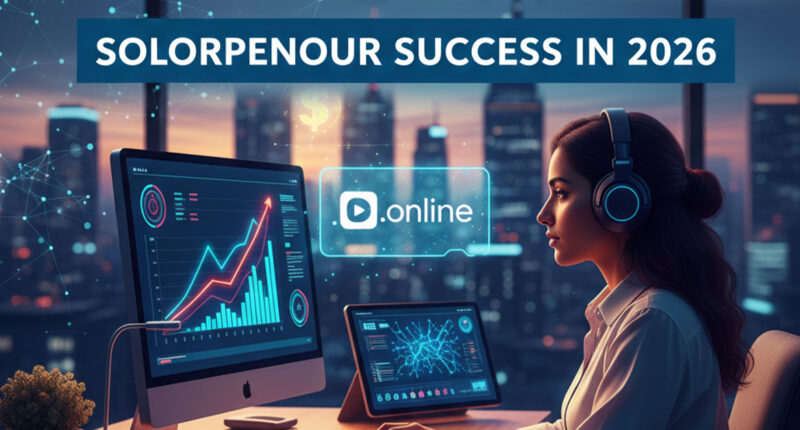 A professional 2026 solopreneur workspace with a laptop and AI technology tools symbolizing solo business growth and digital entrepreneurship.