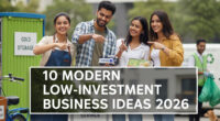nfographic showing various low-investment business ideas including EV repair, solar energy, water purification, and professional cleaning services for 2026.