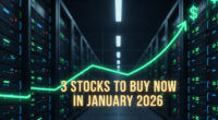Professional stock market feature image with the central text '3 Stocks to Buy Now in January 2026'. The background features high-end data center servers and glowing digital circuit patterns. Visual elements include a sharp upward-pointing green arrow symbolizing growth and golden dollar signs ($) rising from an AI microchip at the bottom, conveying high returns and technological value."