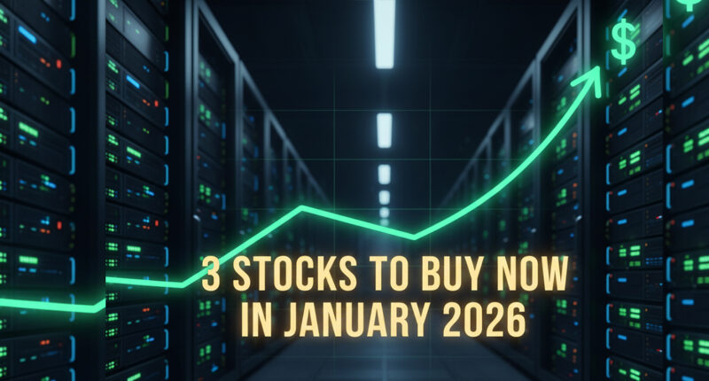 Professional stock market feature image with the central text '3 Stocks to Buy Now in January 2026'. The background features high-end data center servers and glowing digital circuit patterns. Visual elements include a sharp upward-pointing green arrow symbolizing growth and golden dollar signs ($) rising from an AI microchip at the bottom, conveying high returns and technological value."