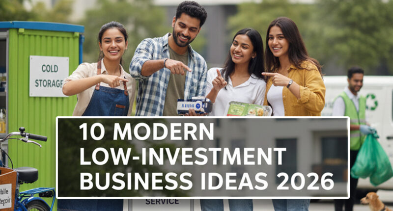 nfographic showing various low-investment business ideas including EV repair, solar energy, water purification, and professional cleaning services for 2026.