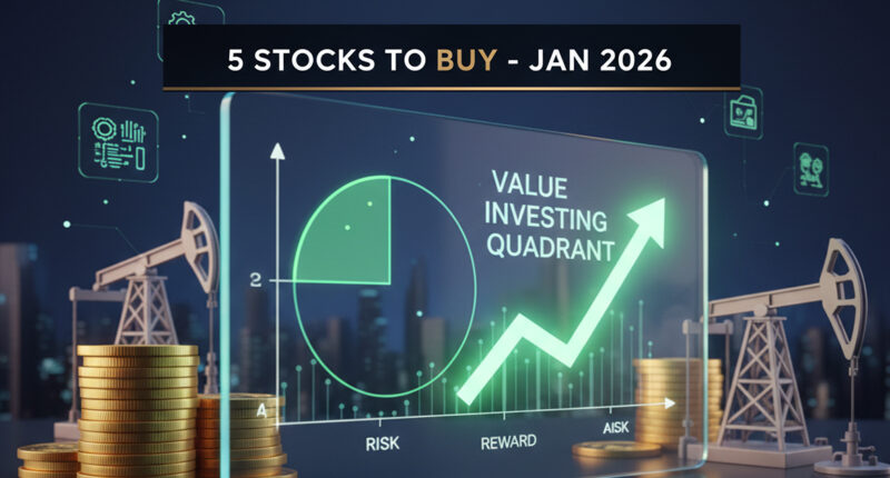 A 3D financial quadrant chart showing high reward and low risk stocks for 2026 value investing strategy.