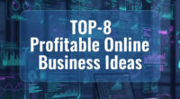 A futuristic digital workspace with holographic AI interfaces and bold text "TOP-8 Profitable Online Business Ideas" in the center.