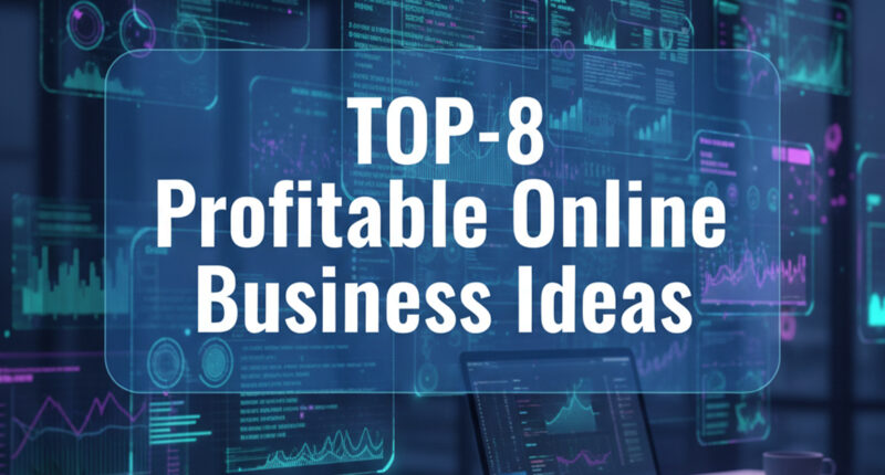 A futuristic digital workspace with holographic AI interfaces and bold text "TOP-8 Profitable Online Business Ideas" in the center.