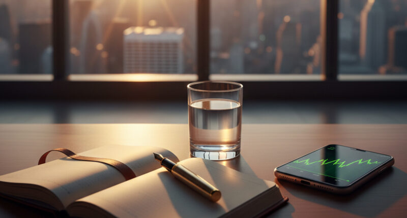 A professional person standing on a mountain peak looking at a city skyline, representing an abundant mindset for wealth.
