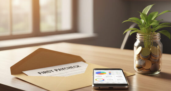 A young professional happily looking at their first paycheck next to a laptop showing a personal budget and a savings jar, representing financial habits for beginners.