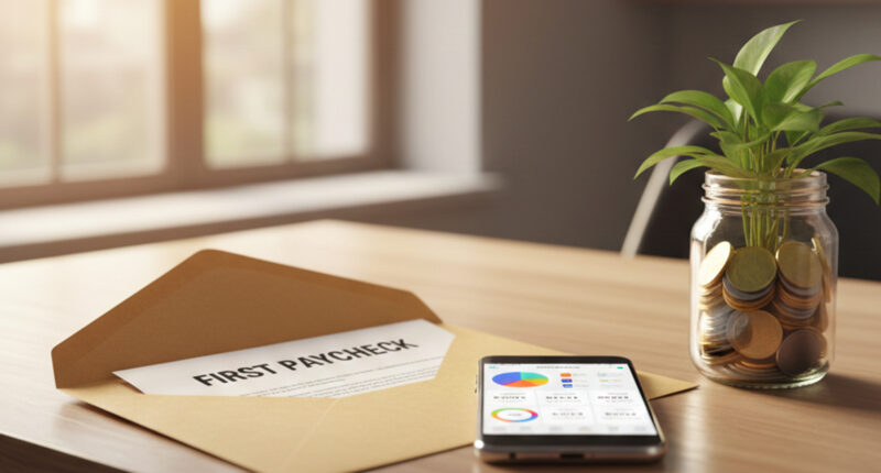A young professional happily looking at their first paycheck next to a laptop showing a personal budget and a savings jar, representing financial habits for beginners.