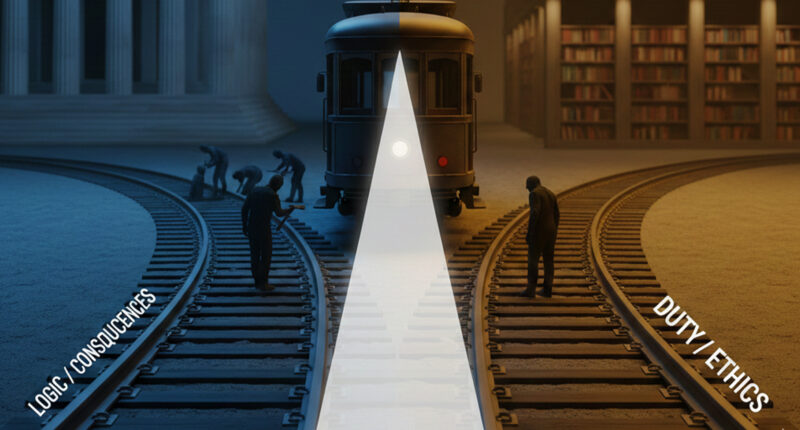 A technical illustration of the Trolley Problem moral dilemma with a track switching toward one person instead of five.