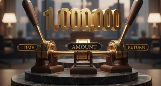 A visual representation of three golden levers labeled Time, Amount, and Return, used for long-term investing and wealth building.